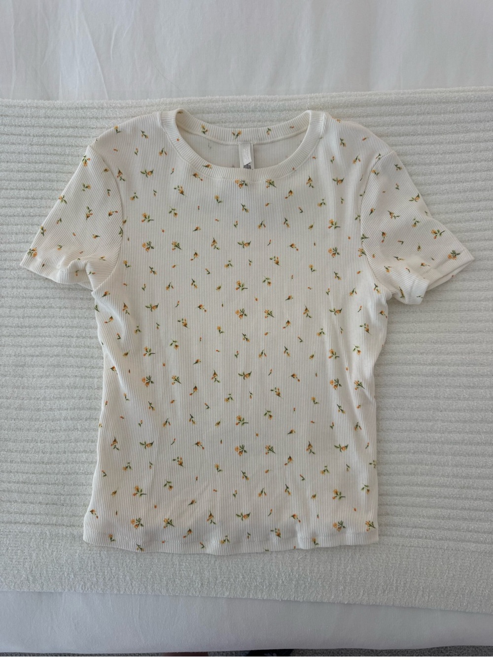 SKIMS White Ribbed Tee with Tiny Yellow Floral